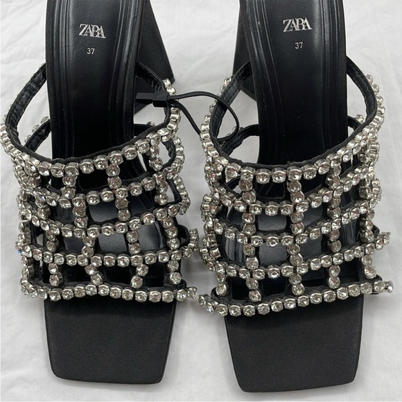 NEW! Zara Boho Black Heeled Mules With Rhinestones. EU37. - Picture 6 of 12